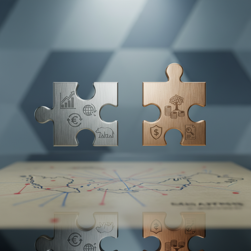 A close-up, eye-level shot of two meticulously detailed metallic puzzle pieces, one engraved with abstract icons suggesting capital markets and the other hinting at financial planning, hovering just before interlocking above a reflective glass surface. Below them, out of focus, lies a map-like pattern of pen-drawn lines evoking Malaysia and surrounding regions. Cool, diffused studio lighting creates crisp highlights on the brushed metal texture and soft gradients on the glass. The mood is precise and analytical yet optimistic, symbolizing strategic alliances and compliant facilitation. Photographic realism with a minimalist, centered composition, subtle bokeh in the background, and a professional look that communicates connection between CMSRL, CMSL, and advisory providers without literal text or human presence.