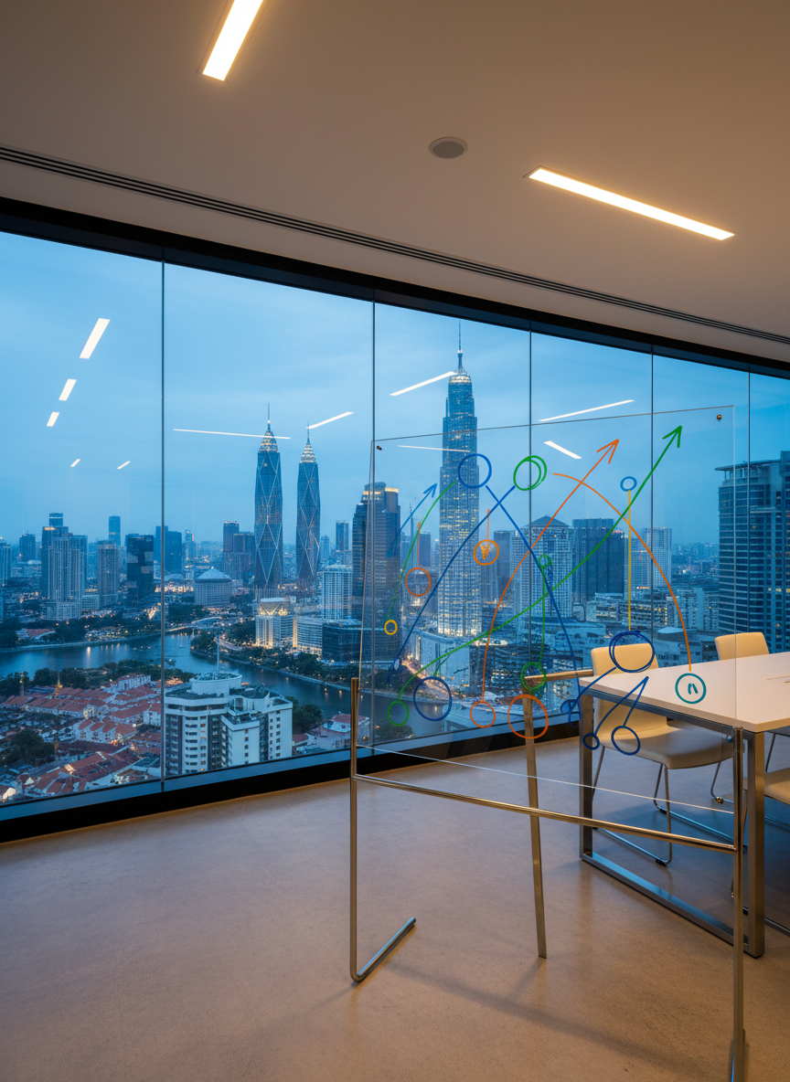 An ultra-modern, high-rise office interior at twilight, with a long glass wall showcasing an illuminated Malaysian cityscape beyond, including generic but distinctly Southeast Asian architecture. In the foreground, a transparent acrylic board stands on a chrome easel, covered with abstract marker diagrams of growth curves, arrows, and network nodes, all intentionally non-textual. Cool blue ambient light from outside mixes with warm recessed ceiling lights, producing a balanced, trustworthy atmosphere. Shot in photographic realism from a three-quarter angle, with medium depth of field emphasizing the board and softening the city outside. The mood is strategic, forward-looking, and compliant, suggesting financial marketing, origination, and facilitation activities occurring in a professional Malaysia-focused advisory setting, with no people visible.