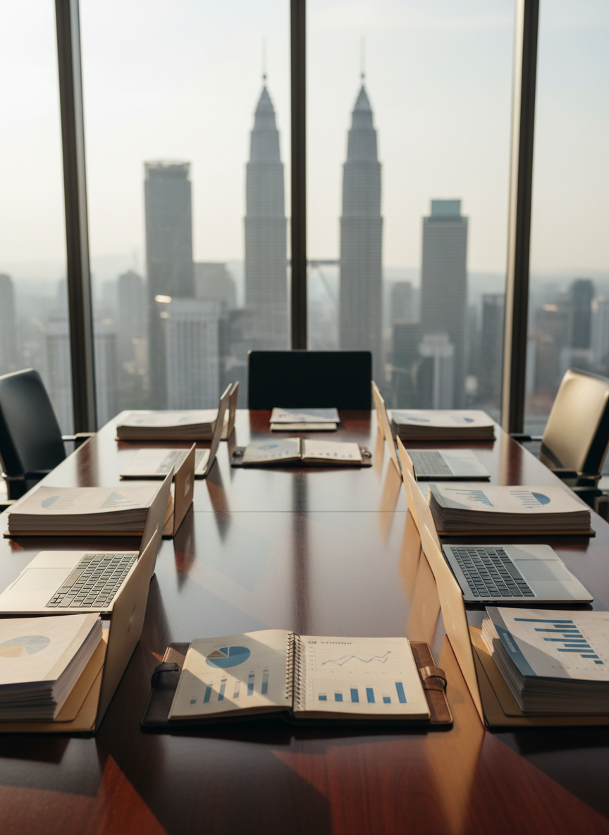 Financial Marketing A polished dark-wood conference table viewed from an elevated angle, covered with neatly arranged financial reports, sleek silver laptops, and a single open leather-bound planner displaying tidy graphs. In the background, a floor-to-ceiling window reveals a faint Kuala Lumpur skyline with recognizable but non-branded modern towers, softly blurred. Late afternoon natural light pours in, creating subtle reflections on the table’s surface and gentle shadows from the stationery. The atmosphere feels professional and trustworthy, suggesting strategic financial discussions. Photographic realism, sharp focus on the tabletop items with a shallow depth of field, clean and modern corporate aesthetic conveying Malaysian-focused financial marketing and advisory facilitation without showing any people or text.